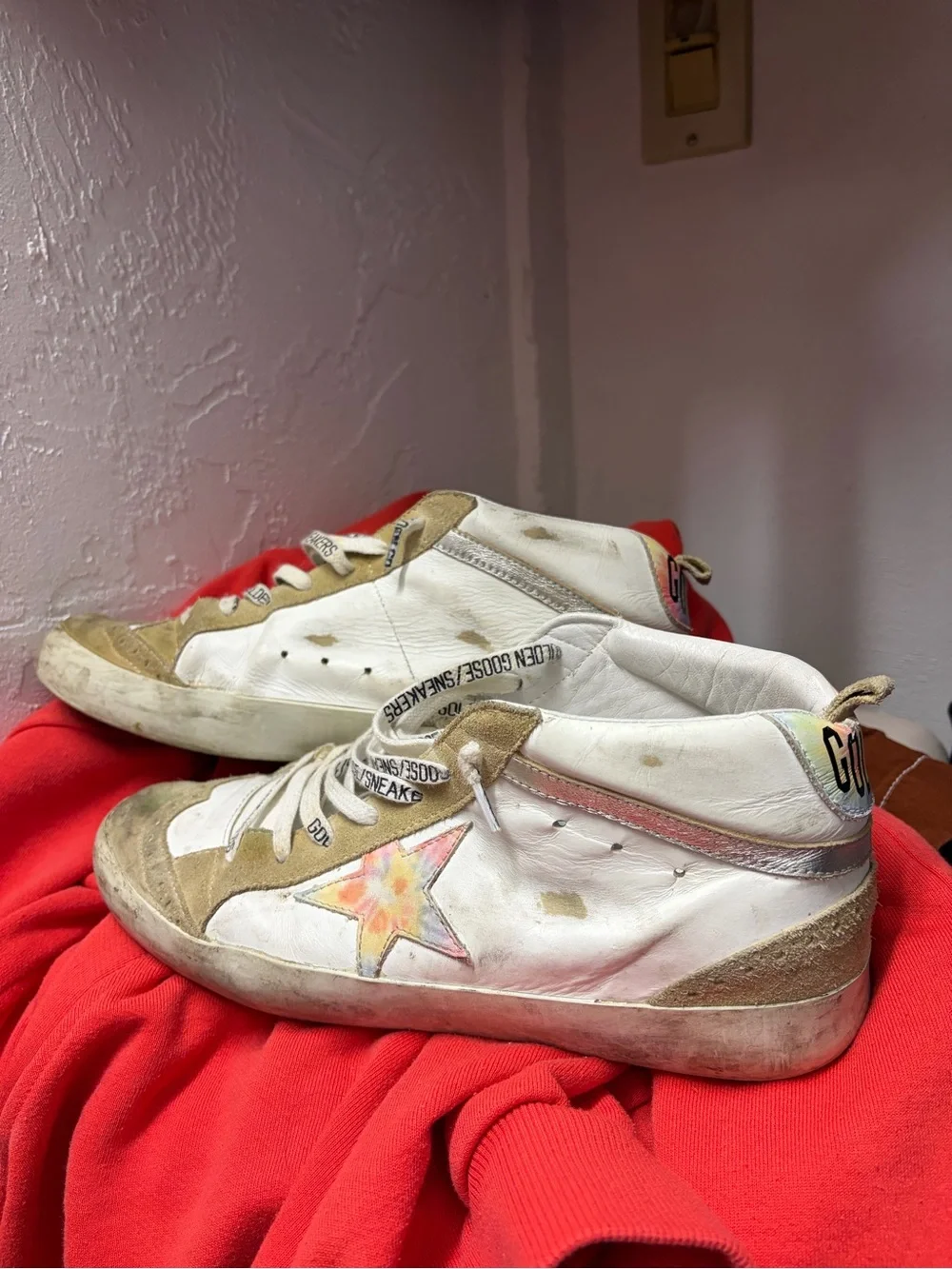 Golden Goose Midstar White and Olive Suede Floral Accent Sneakers